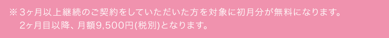 ※3ヶ月以上継続のご契約をしていただいた方を対象に初月分が無料になります。2ヶ月目以降、月額9,500円(税別)となります。